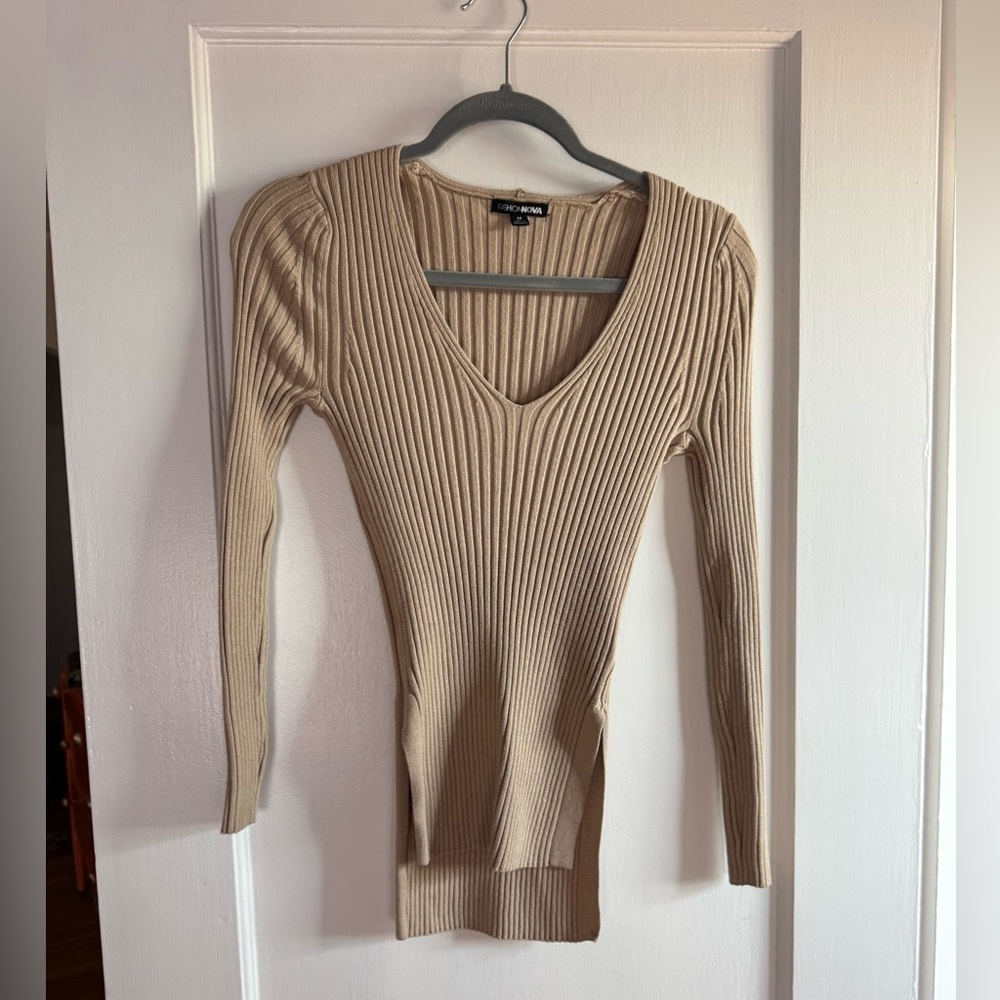 Fashion Nova Tan Ribbed Sweater Shirt